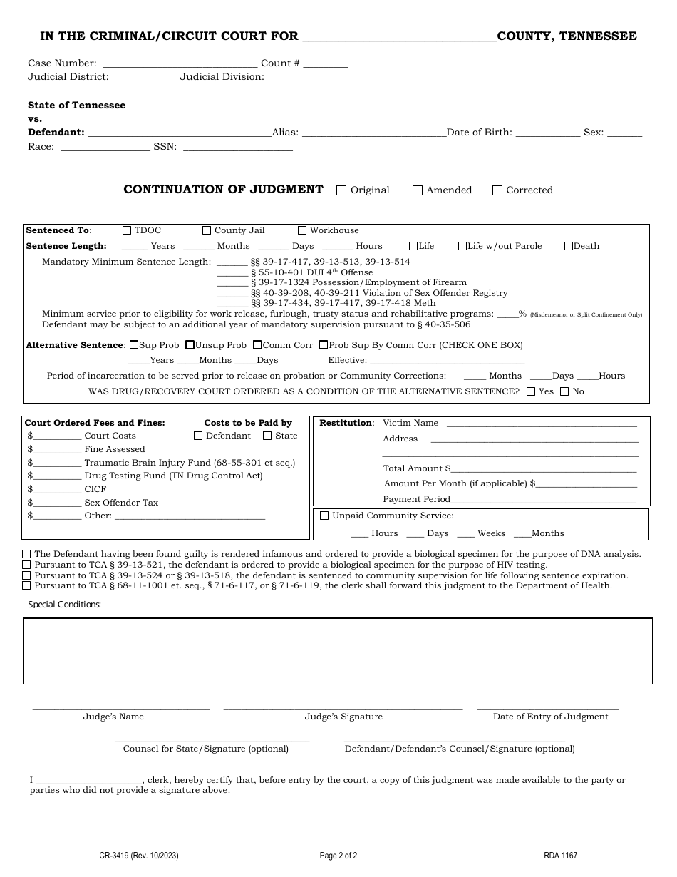Form CR-3419 Judgment - Tennessee, Page 3