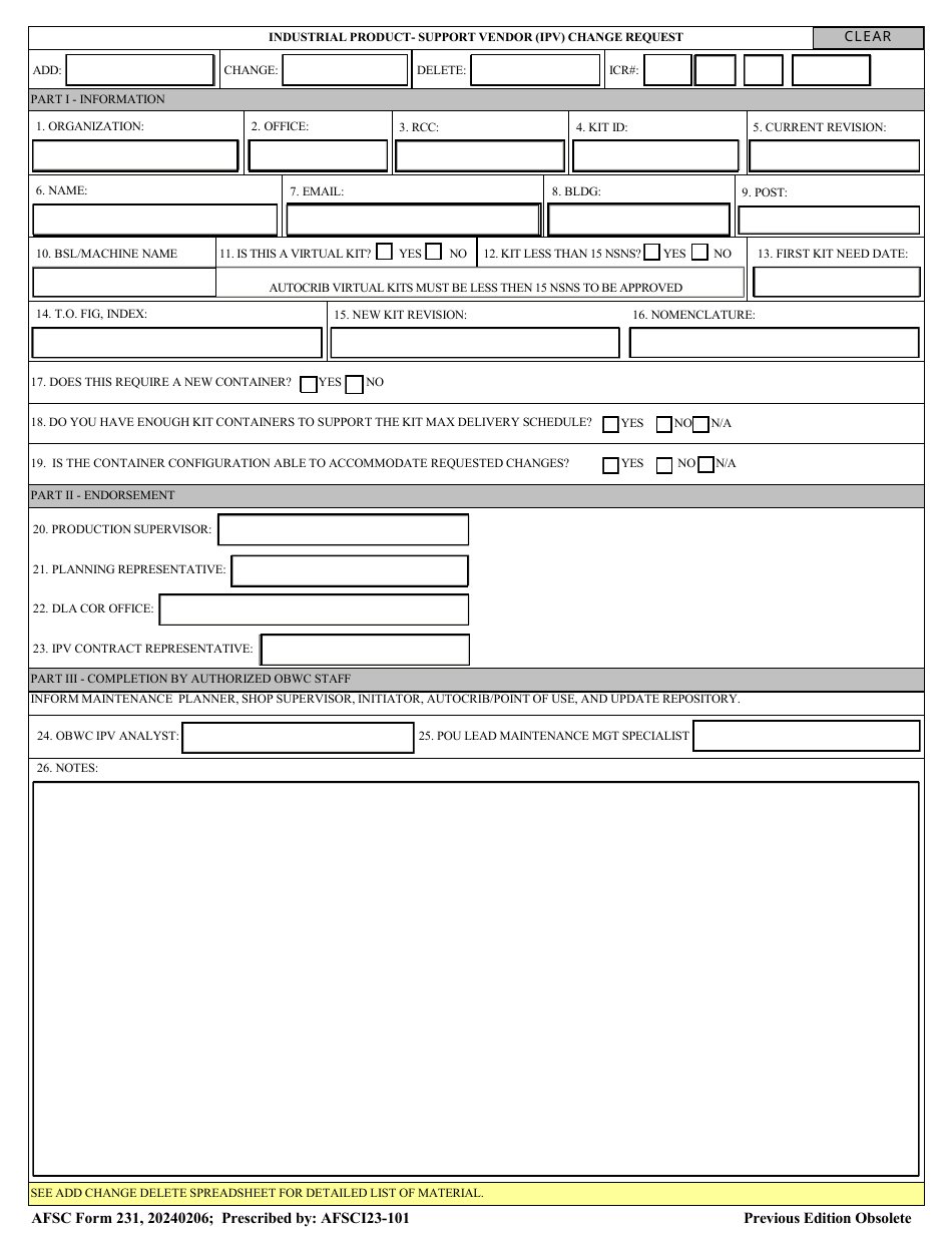 AFSC Form 231 Industrial Product- Support Vendor (Ipv) Change Request, Page 1