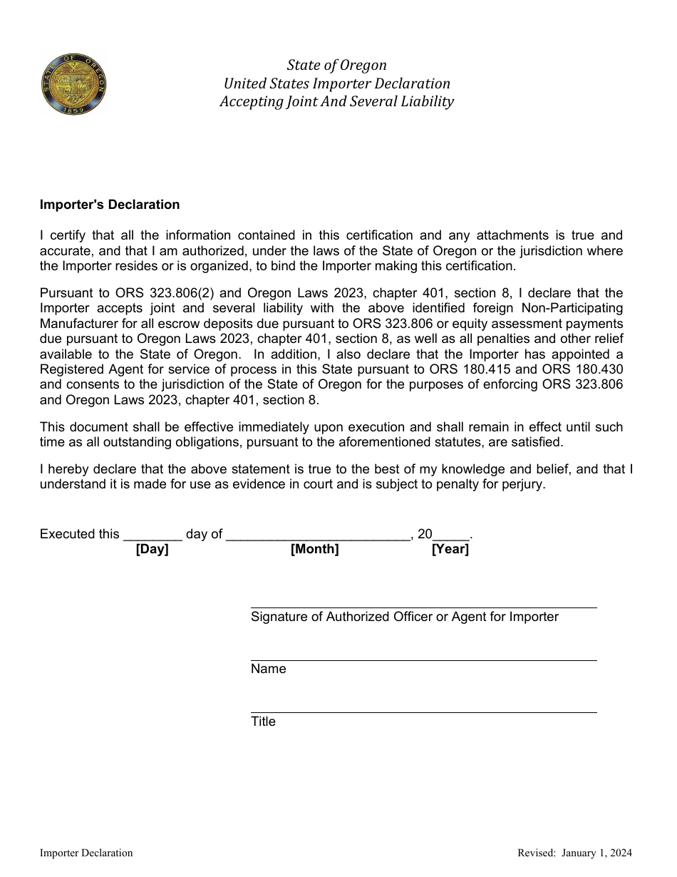 United States Importer Declaration Form - Oregon, Page 4