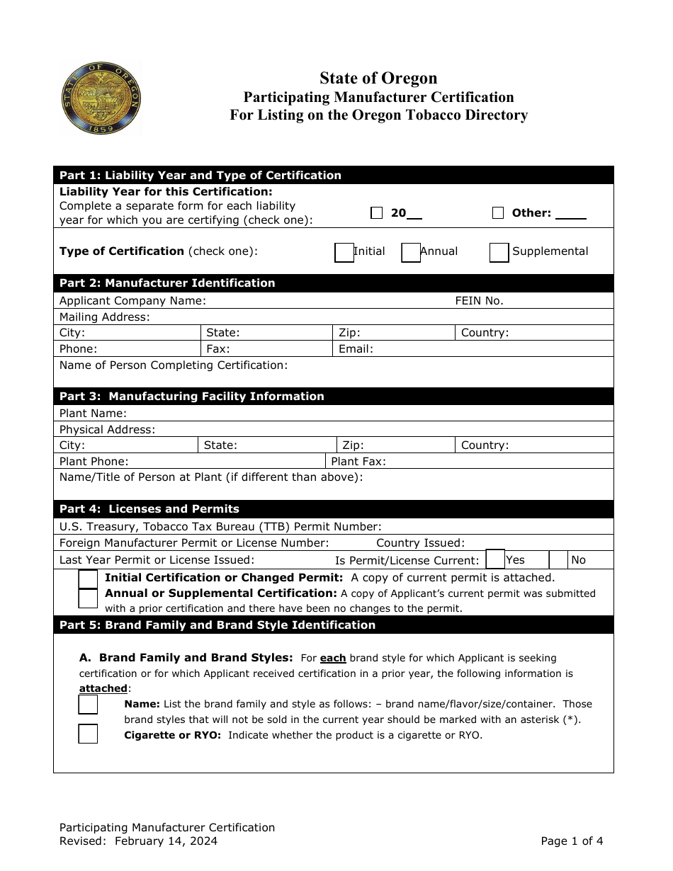 Participating Manufacturer Certification for Listing on the Oregon Tobacco Directory - Oregon, Page 1