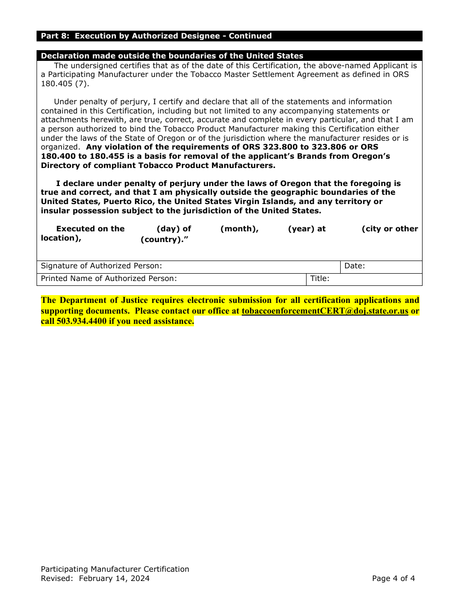 Participating Manufacturer Certification for Listing on the Oregon Tobacco Directory - Oregon, Page 4