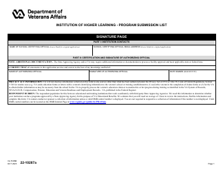 VA Form 22-10287A Institution of Higher Learning - Program Submission List