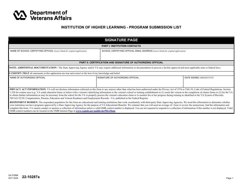 VA Form 22-10287A Institution of Higher Learning - Program Submission List, Page 1