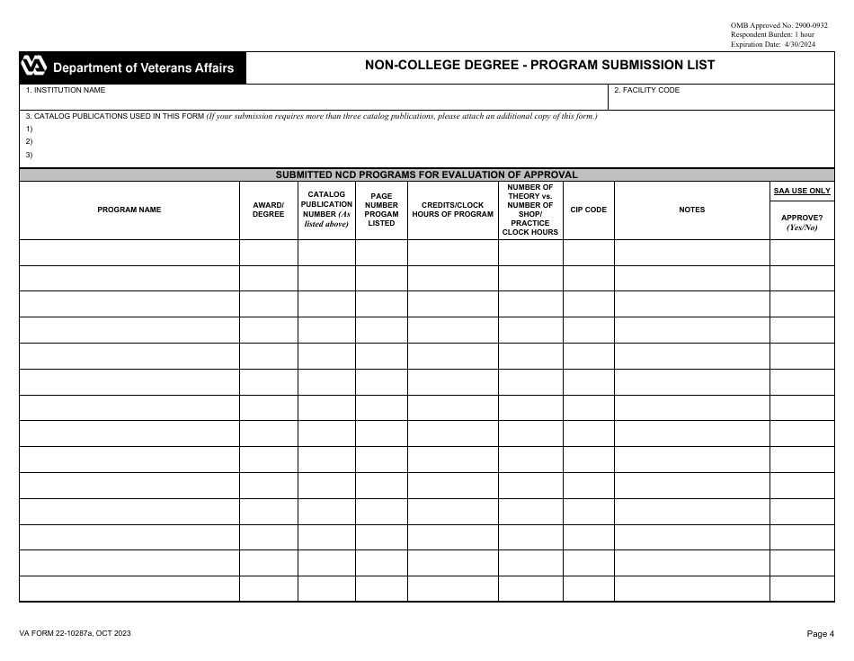 VA Form 22-10287A Institution of Higher Learning - Program Submission List, Page 4