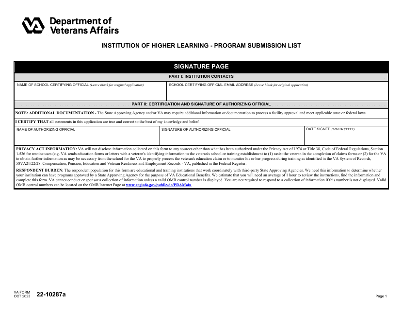VA Form 22-10287A  Printable Pdf