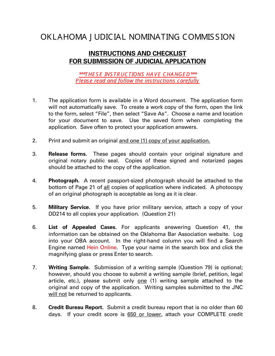 Instructions for Application for Oklahoma Judicial Vacancy - Oklahoma, Page 1