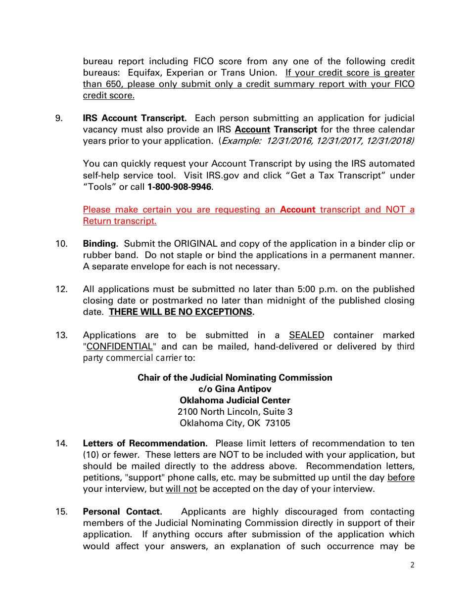 Instructions for Application for Oklahoma Judicial Vacancy - Oklahoma, Page 2