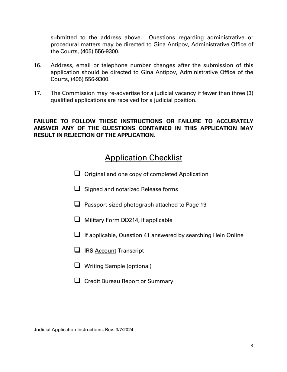 Instructions for Application for Oklahoma Judicial Vacancy - Oklahoma, Page 3