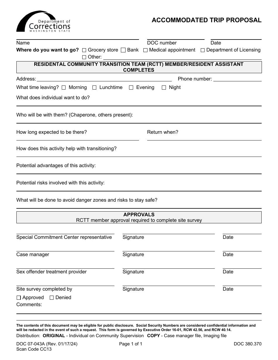 Form DOC07-043A Accommodated Trip Proposal - Washington, Page 1
