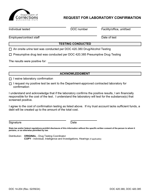Form DOC14-204 Request for Laboratory Confirmation - Washington