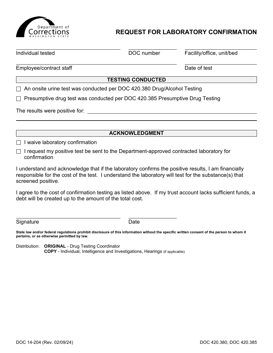 Form DOC14-204 Request for Laboratory Confirmation - Washington, Page 1