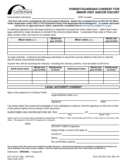 Form DOC20-441 Parent/Guardian Consent for Minor Visit and/or Escort - Washington