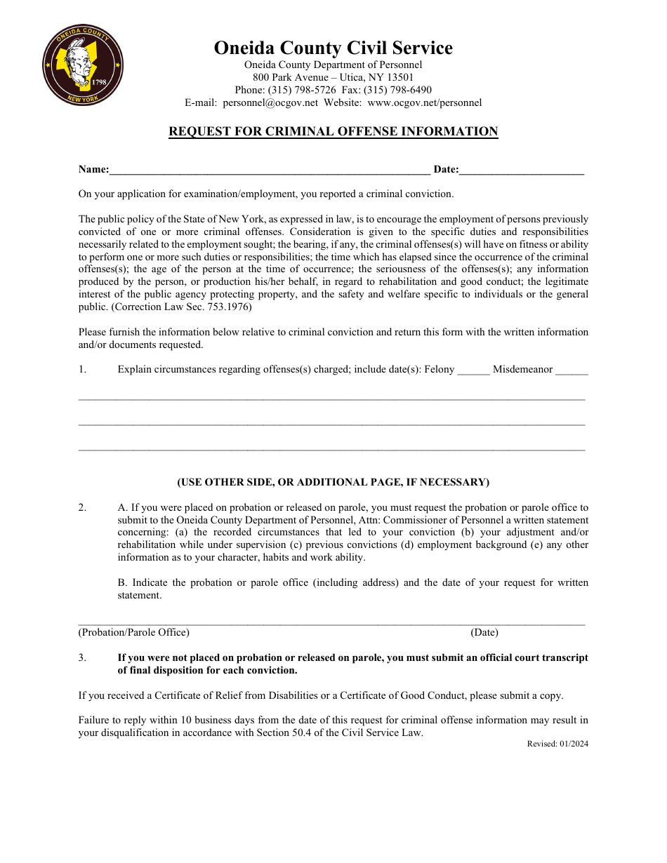 Request for Criminal Offense Information - Oneida County, New York, Page 1