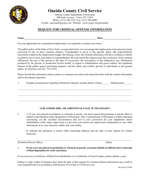 Request for Criminal Offense Information - Oneida County, New York Download Pdf