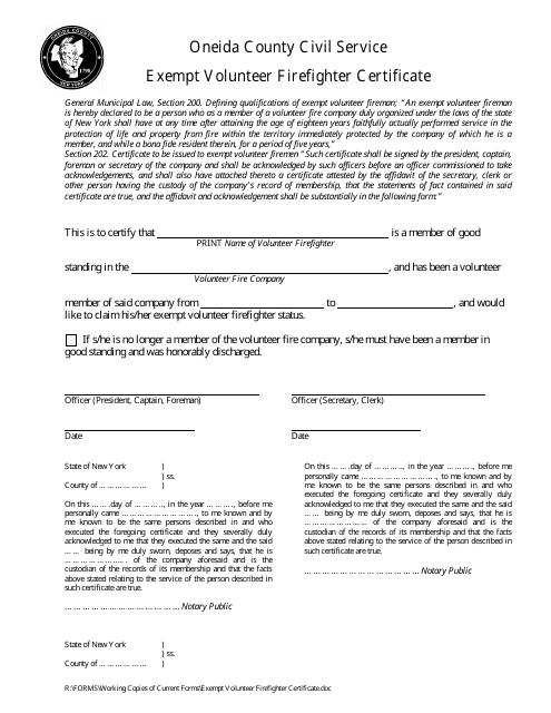 Exempt Volunteer Firefighter Certificate - Oneida County, New York Download Pdf