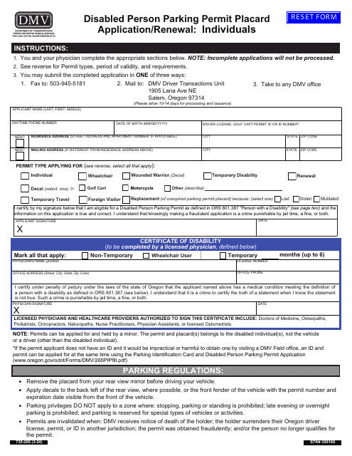 Form 735-265 Disabled Person Parking Permit Placard Application/Renewal - Individuals - Oregon