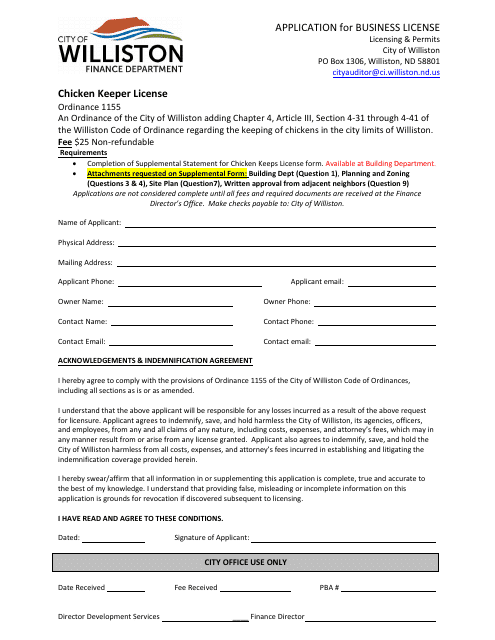 Application for Business License - Chicken Keeper License - City of Williston, North Dakota Download Pdf