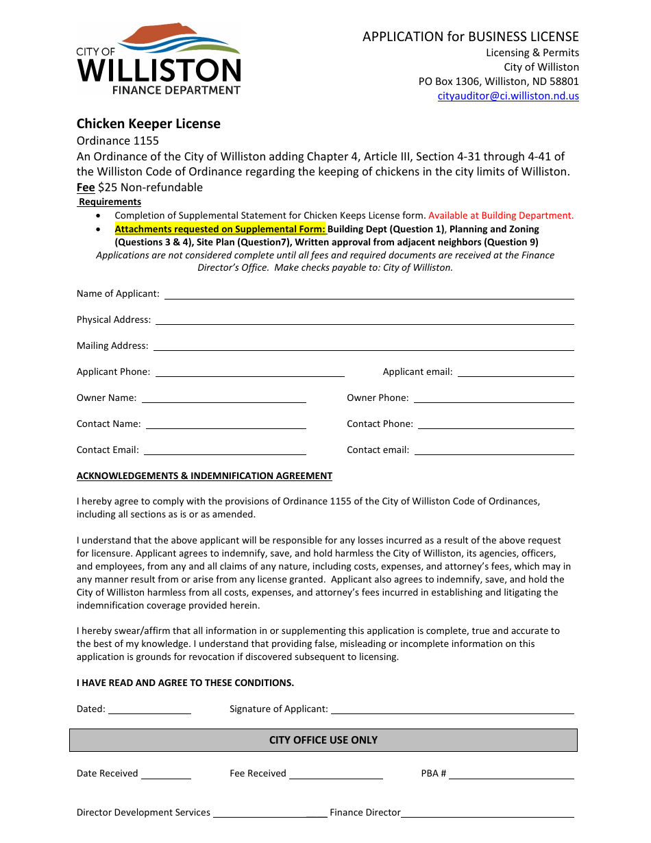 Application for Business License - Chicken Keeper License - City of Williston, North Dakota, Page 1