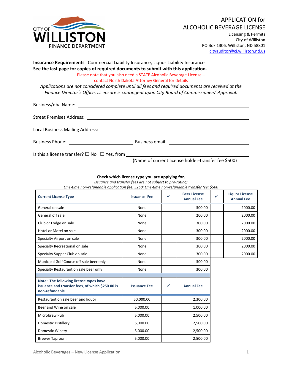 City of Williston, North Dakota Application for Alcoholic Beverage ...