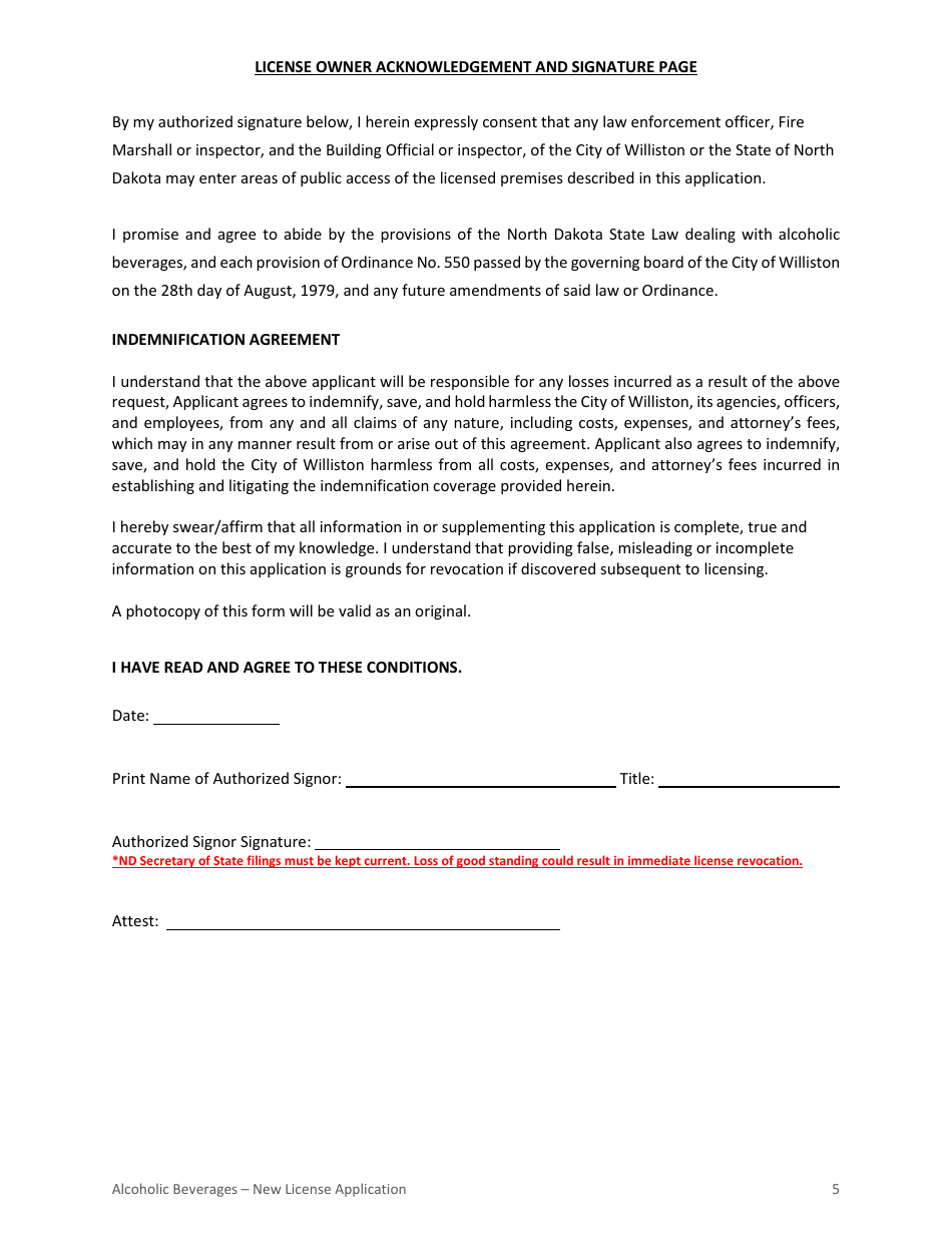 City of Williston, North Dakota Application for Alcoholic Beverage ...