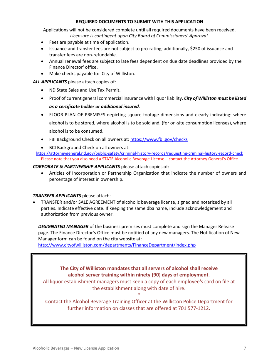 Application for Alcoholic Beverage License - City of Williston, North Dakota, Page 7