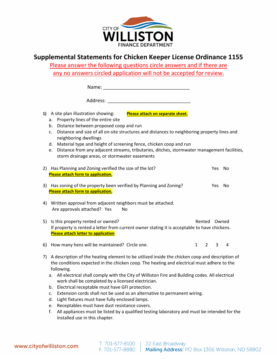 Supplemental Statements for Chicken Keeper License Ordinance 1155 - City of Williston, North Dakota, Page 1