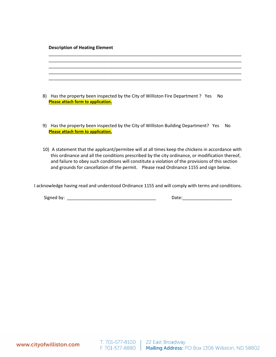 Supplemental Statements for Chicken Keeper License Ordinance 1155 - City of Williston, North Dakota, Page 2