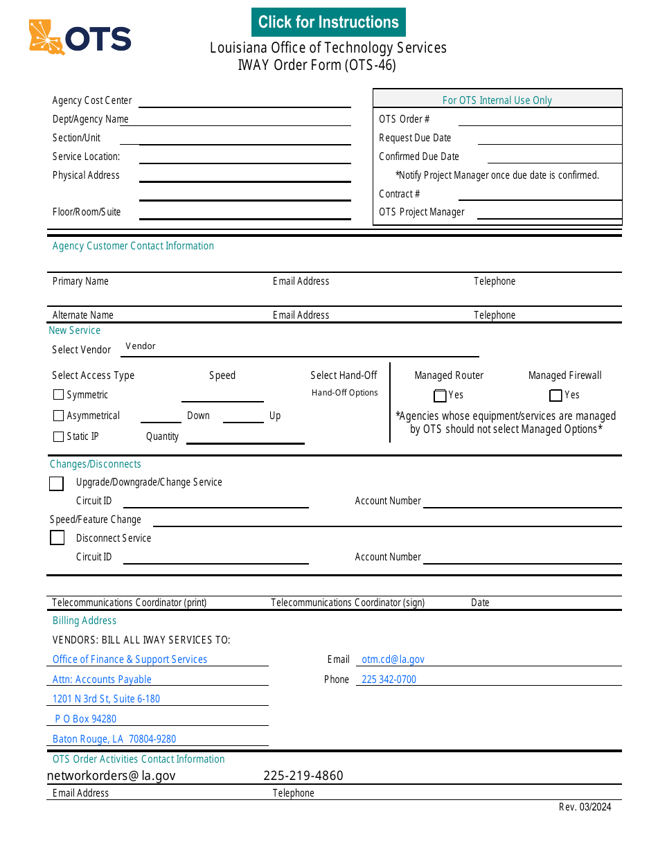 Form OTS-46 Iway Order Form - Louisiana, Page 1