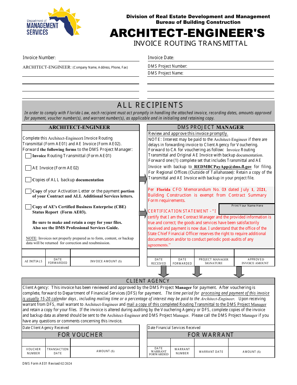 DMS Form AE01 Architect-Engineers Invoice Routing Transmittal - Florida, Page 1