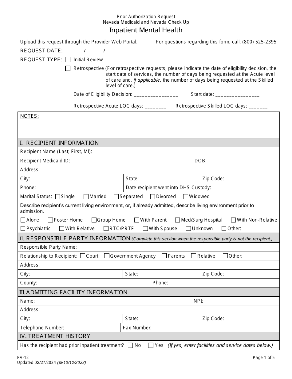 Form FA-12 Prior Authorization Request - Inpatient Mental Health - Nevada, Page 1