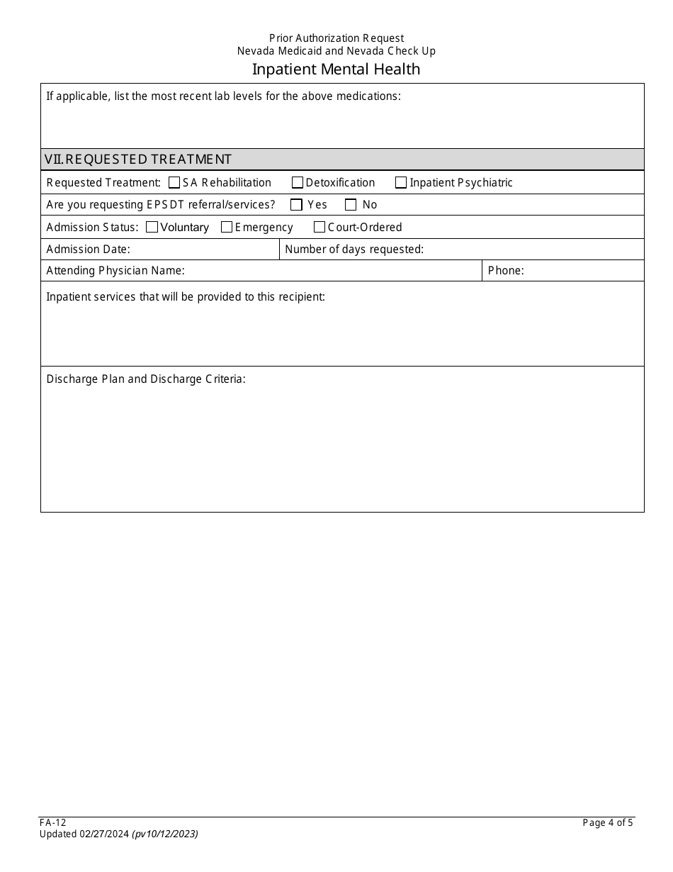 Form FA-12 Prior Authorization Request - Inpatient Mental Health - Nevada, Page 4