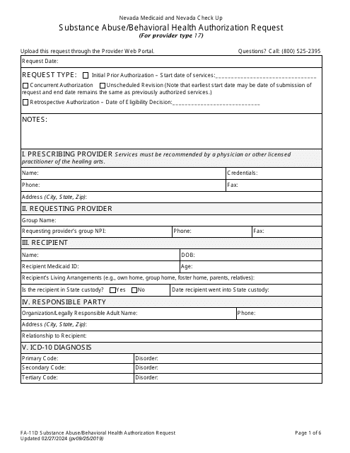 Form FA-11D Substance Abuse/Behavioral Health Authorization Request - Nevada