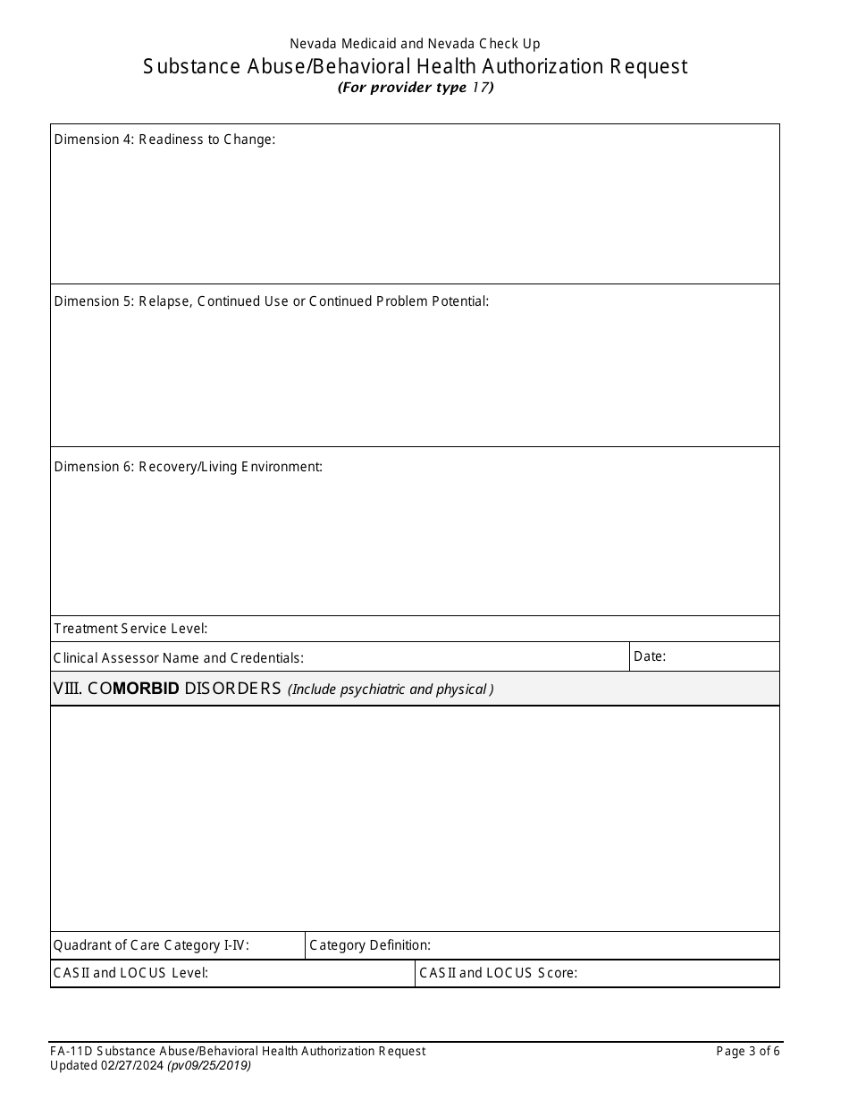Form FA-11D Substance Abuse / Behavioral Health Authorization Request - Nevada, Page 3