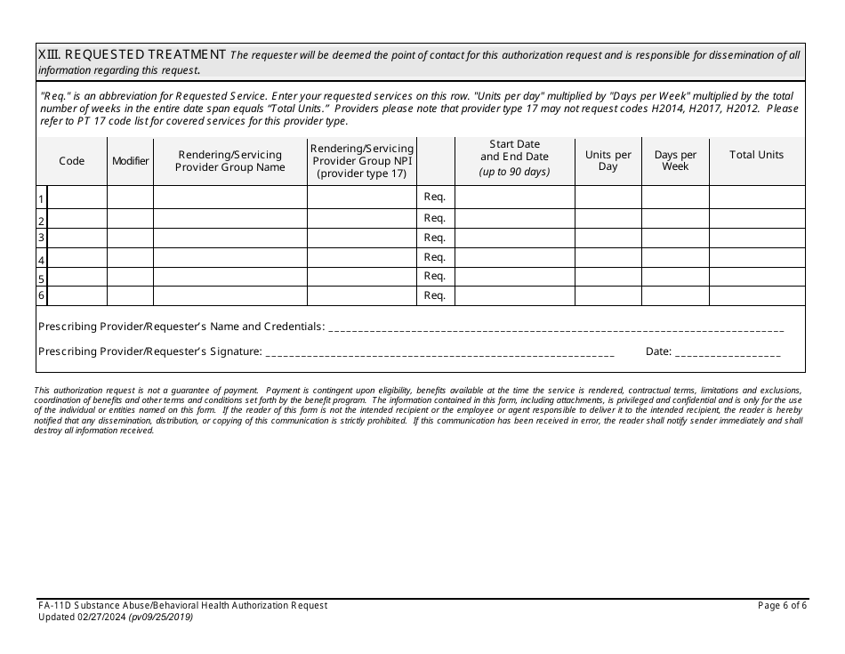 Form FA-11D Substance Abuse / Behavioral Health Authorization Request - Nevada, Page 6