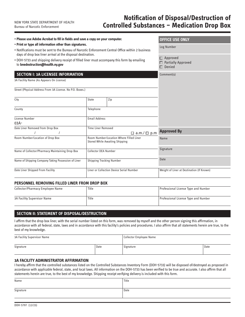 Form DOH-5797 Notification of Disposal / Destruction of Controlled Substances - Medication Drop Box - New York, Page 1