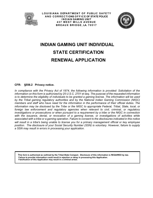 Form DPSSP0092 Gaming Employee State Certification Renewal Application - Louisiana