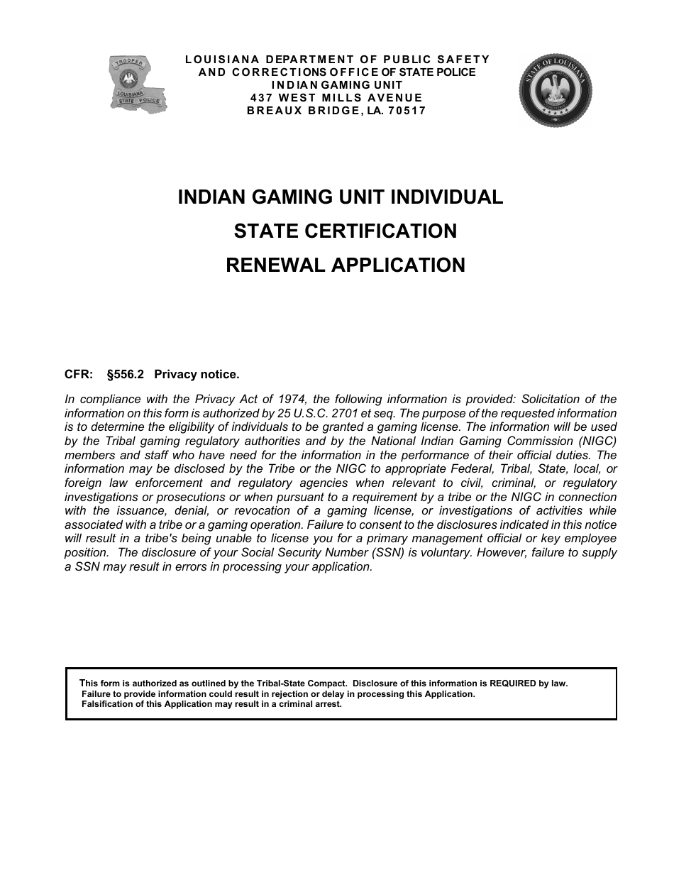 Form DPSSP0092 Gaming Employee State Certification Renewal Application - Louisiana, Page 1