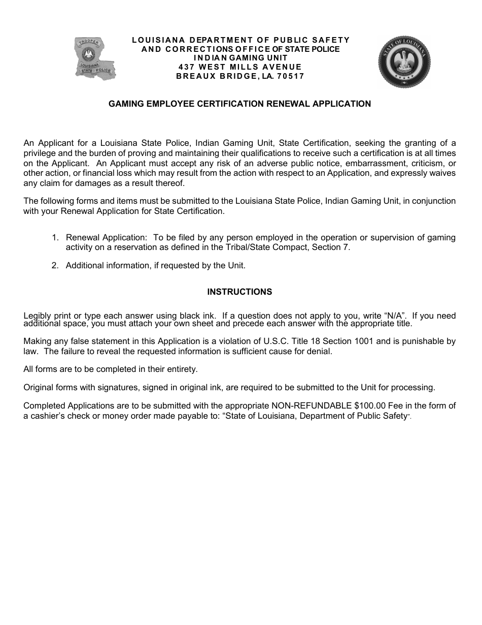 Form DPSSP0092 Gaming Employee State Certification Renewal Application - Louisiana, Page 3