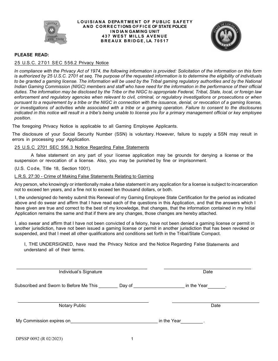 Form DPSSP0092 Gaming Employee State Certification Renewal Application - Louisiana, Page 4