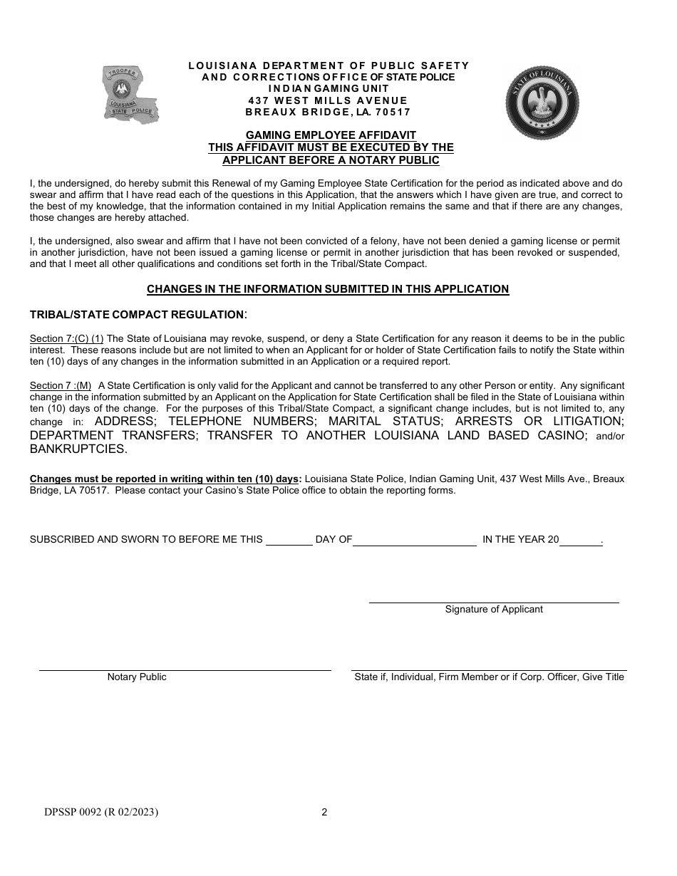 Form DPSSP0092 Gaming Employee State Certification Renewal Application - Louisiana, Page 5