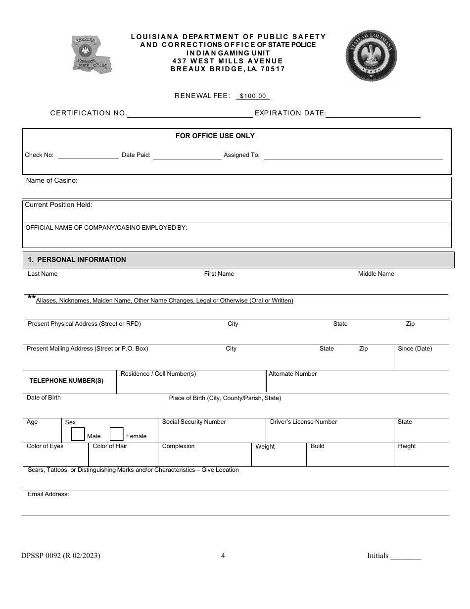 Form DPSSP0092 Gaming Employee State Certification Renewal Application - Louisiana, Page 7