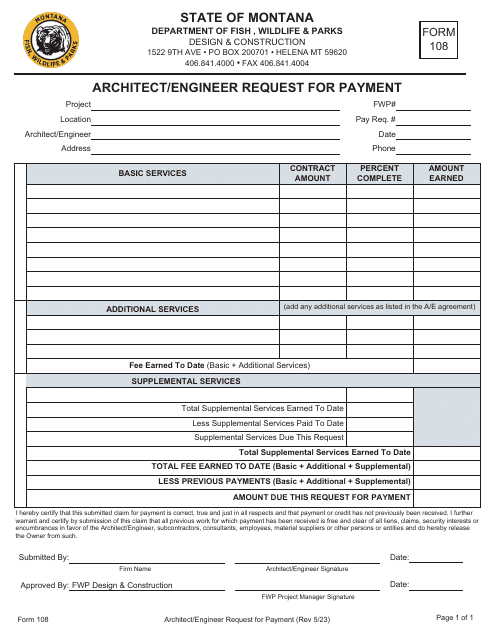 Form 108 Architect/Engineer Request for Payment - Montana