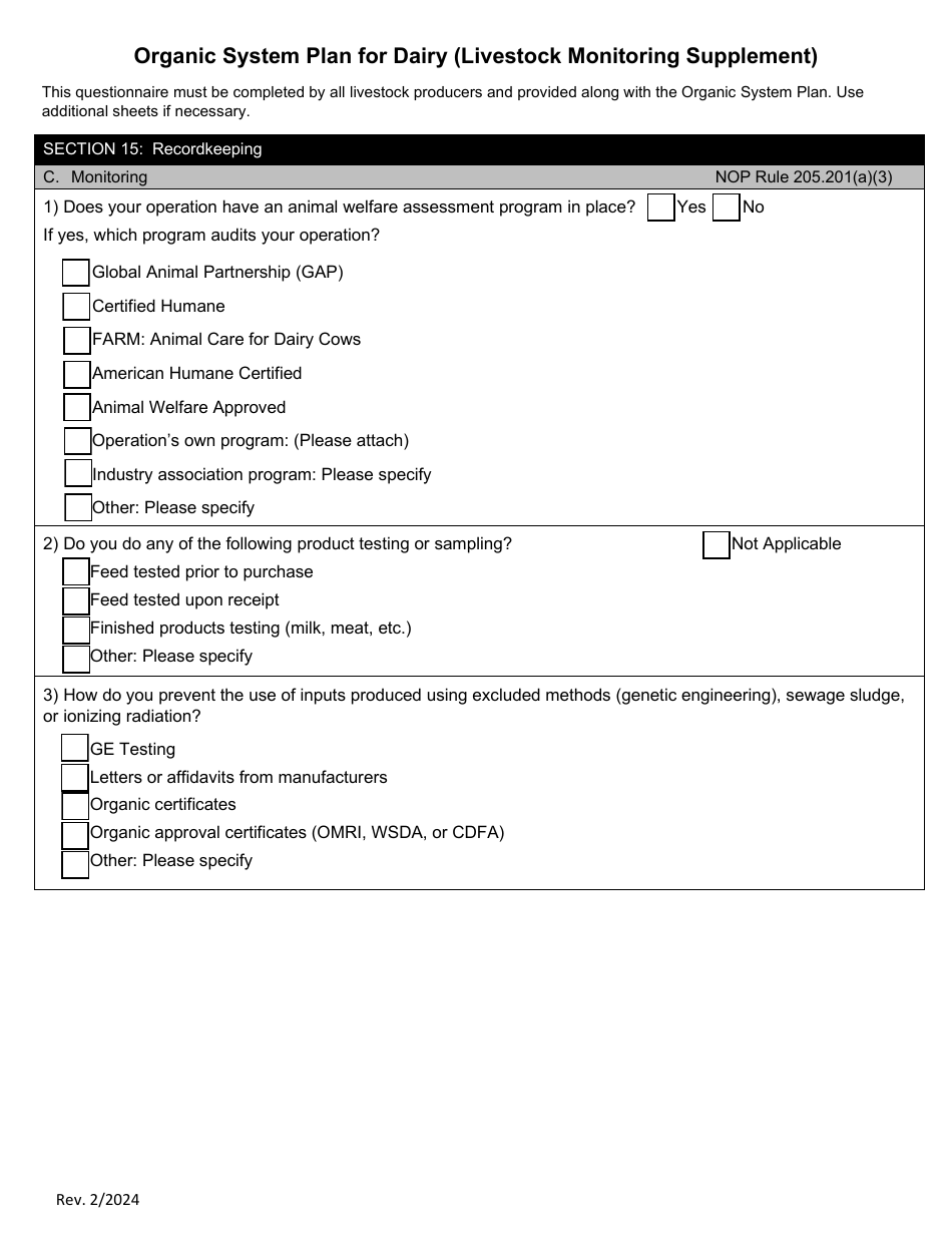 Organic System Plan for Dairy (Livestock Monitoring Supplement) - Idaho, Page 1