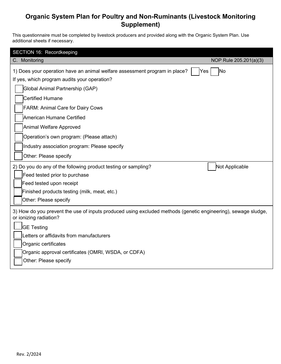 Organic System Plan for Poultry and Non-ruminants (Livestock Monitoring Supplement) - Idaho, Page 1