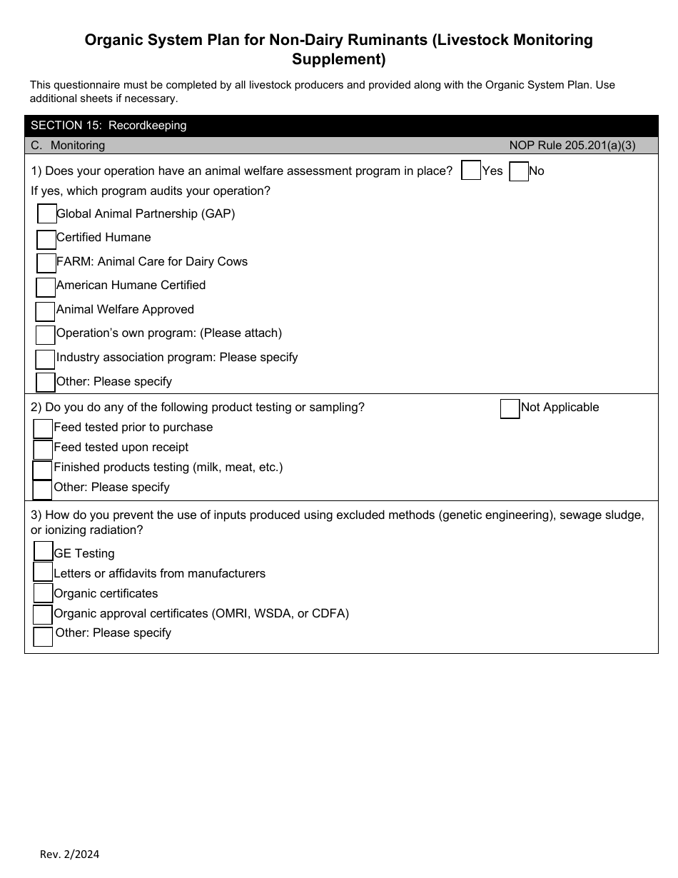 Organic System Plan for Non-dairy Ruminants (Livestock Monitoring Supplement) - Idaho, Page 1