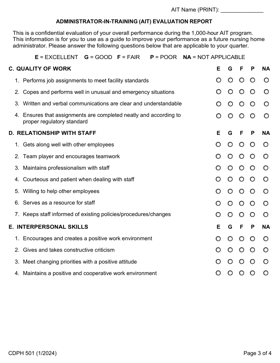 Form CDPH501 Administrator-In-training (Ait) Evaluation Report - California, Page 3