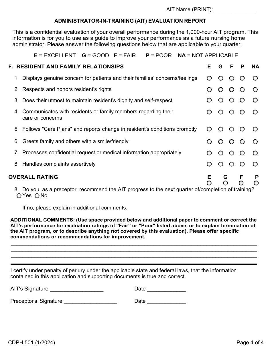 Form CDPH501 Administrator-In-training (Ait) Evaluation Report - California, Page 4