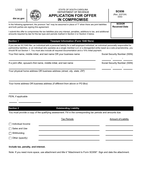 Form SC656 Application for Offer in Compromise - South Carolina