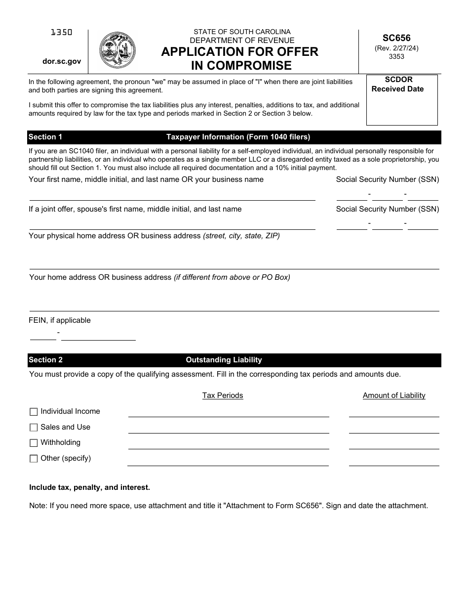 Form SC656 Application for Offer in Compromise - South Carolina, Page 1