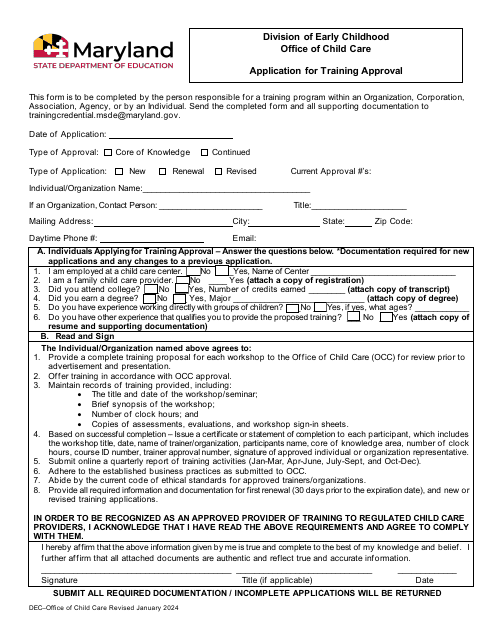Application for Training Approval - Maryland Download Pdf